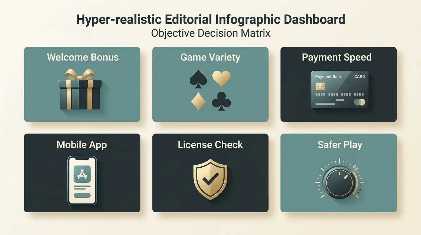Hello Casino UK review decision matrix covering bonus, games, payments, licence and safer play